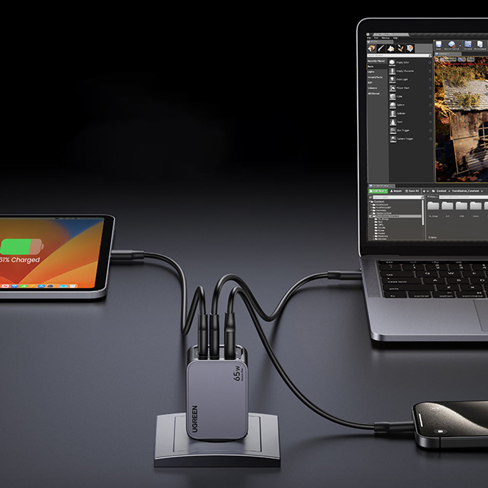 Carregador de Rede com Cabo USB-C UGREEN X755 Nexode Pro, 65W, 3A, 1 x USB-A - 2 x USB-C, Cinzento