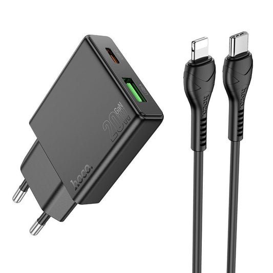 Carregador de Rede com Cabo Lightning HOCO N38, 20W, 3A, 1 x USB-A - 1 x USB-C, Preto