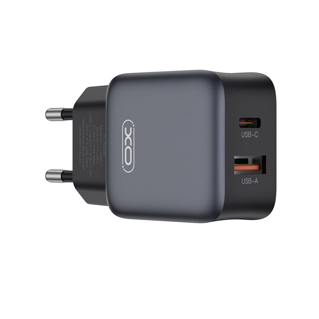 Carregador de Rede com Cabo USB-C XO Design L156, 30W, 3A, 1 x USB-A - 1 x USB-C, Preto