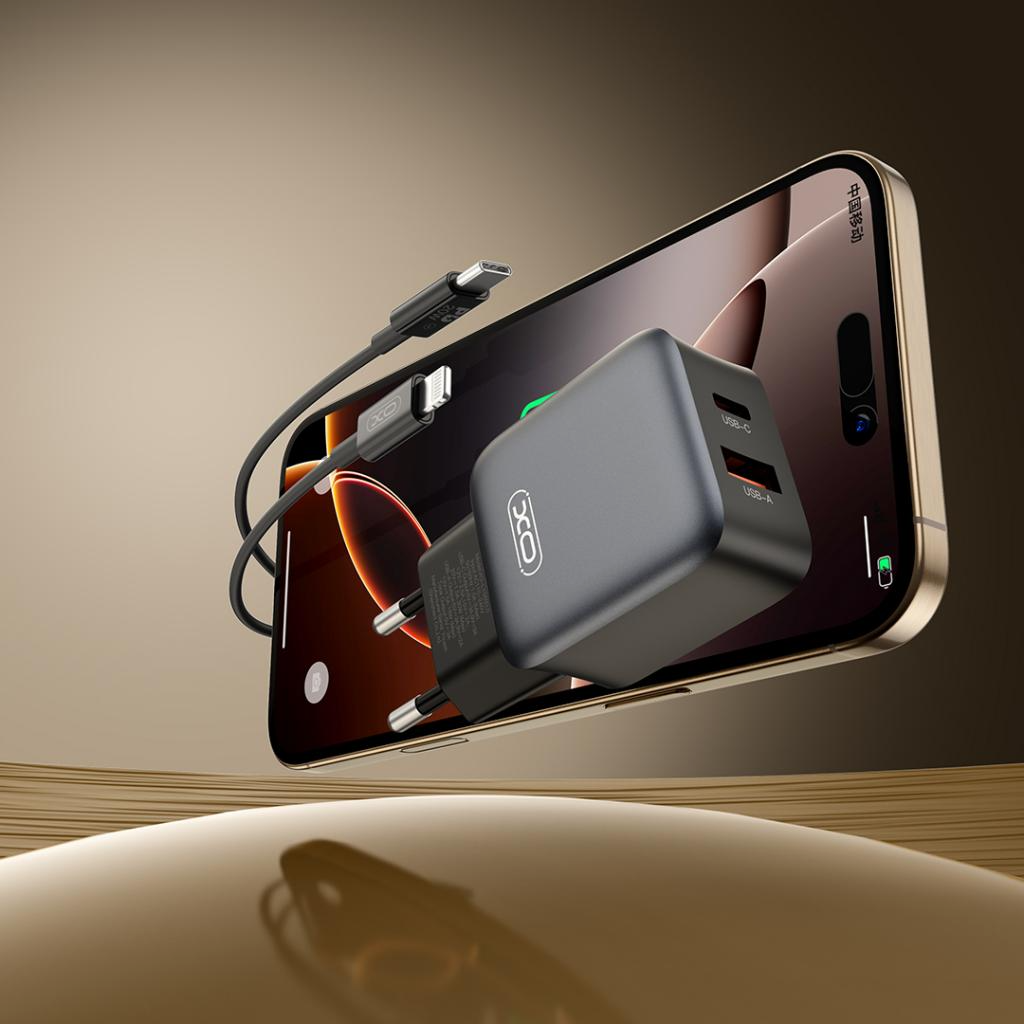 Carregador de Rede com Cabo Lightning XO Design L156, 30W, 3A, 1 x USB-A - 1 x USB-C, Preto