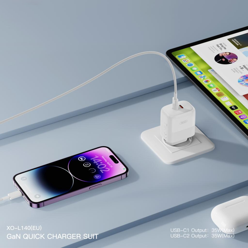 Carregador de Rede com Cabo Lightning XO Design L140, 35W, 3A, 2 x USB-C, Branco