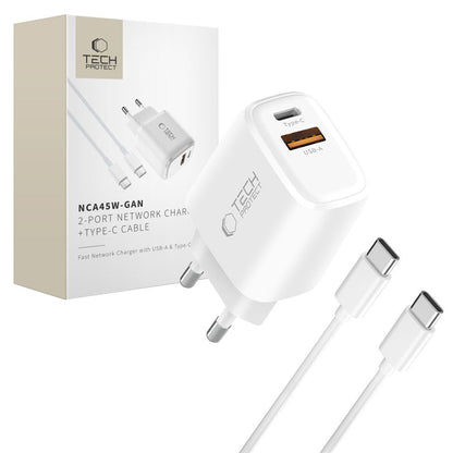 Carregador de Rede com Cabo USB-C Tech-Protect NCA45W, 45W, 3A, 1 x USB-A - 1 x USB-C, Branco