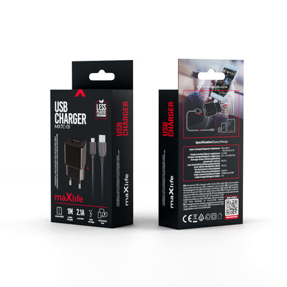 Carregador de Rede com Cabo microUSB MaXlife MXTC-01, 10.5W, 2.1A, 1 x USB-A, Preto