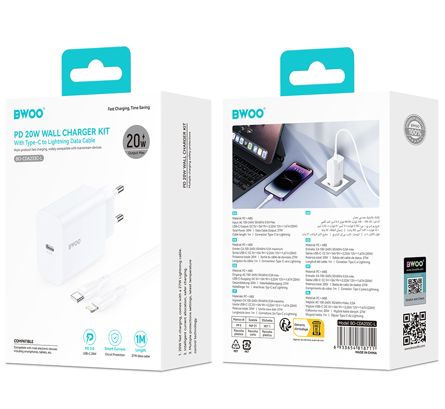 Carregador de Rede com Cabo Lightning BWOO CDA233, 20W, 3A, 1 x USB-C, Branco
