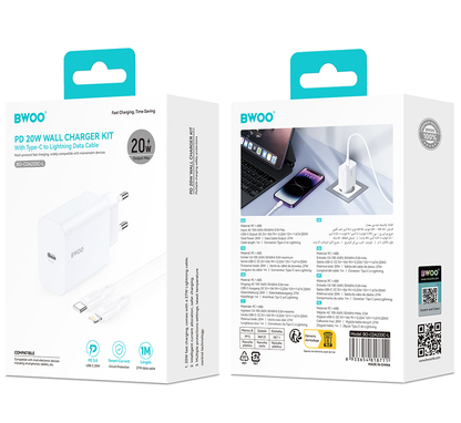 Carregador de Rede com Cabo Lightning BWOO CDA233, 20W, 3A, 1 x USB-C, Branco