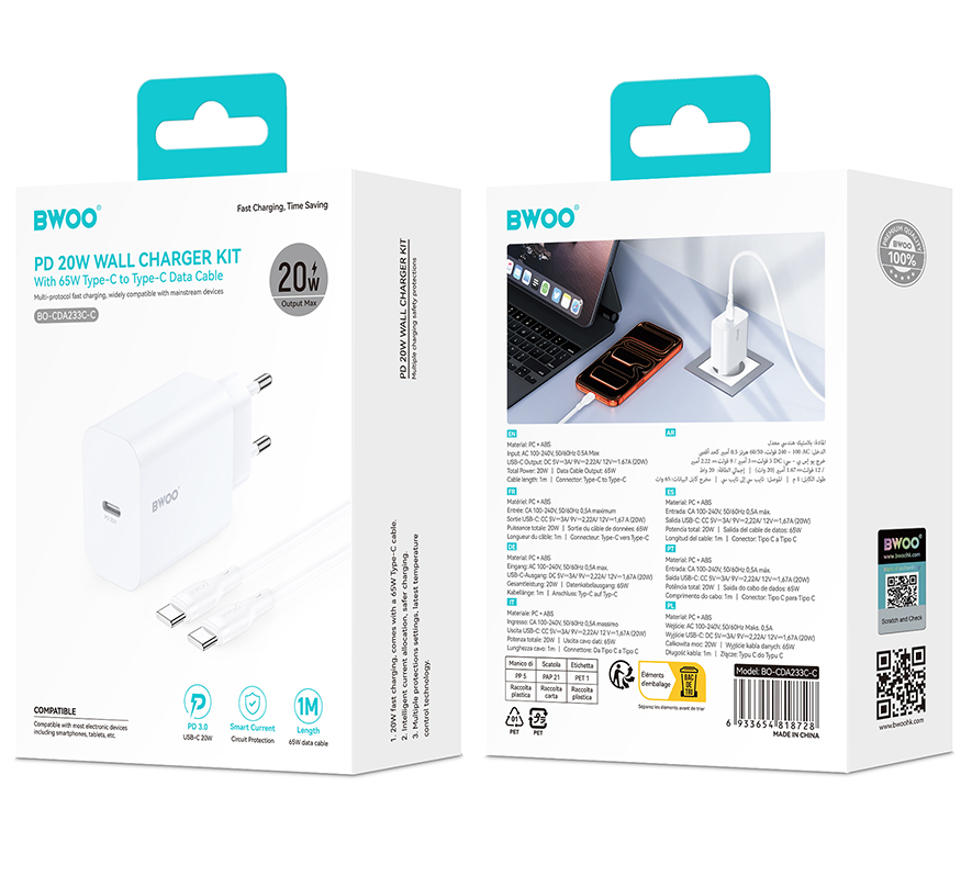 Carregador de Rede com Cabo USB-C BWOO CDA233, 20W, 3A, 1 x USB-C, Branco