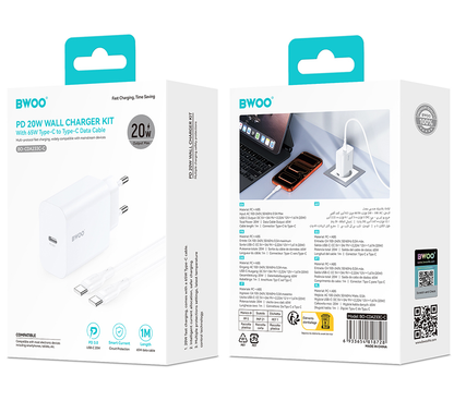 Carregador de Rede com Cabo USB-C BWOO CDA233, 20W, 3A, 1 x USB-C, Branco