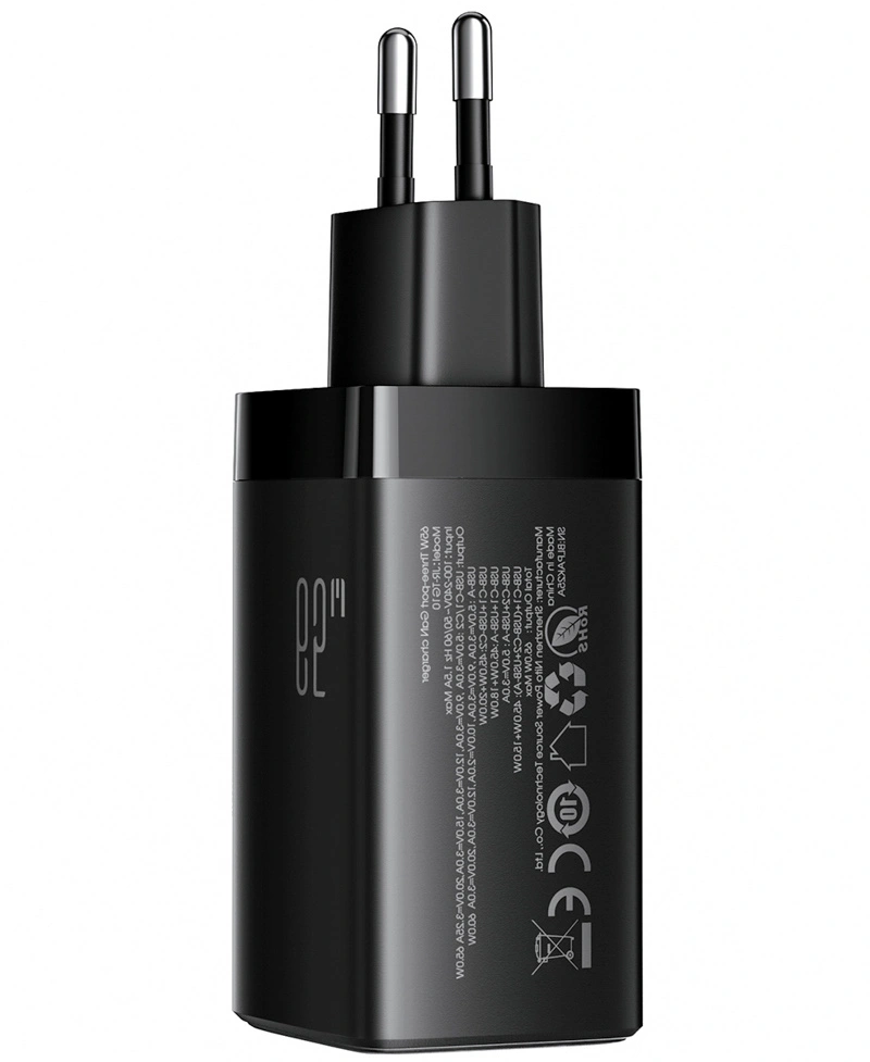 Carregador de Rede com Cabo USB-C Joyroom JR-TG10, 65W, 3.25A, 1 x USB-A - 2 x USB-C, Preto