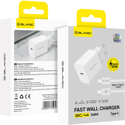 Carregador de Rede com Cabo USB-C Blavec BC-14, 30 W, 3 A, 1 x USB-C, Branco