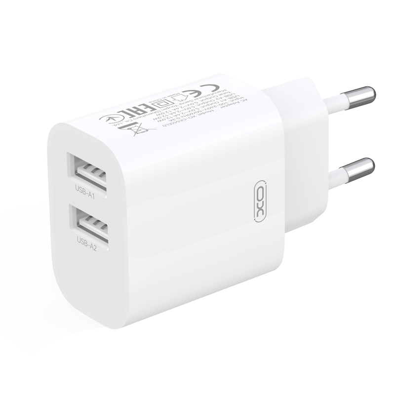 Carregador de Rede com Cabo USB-C XO Design CE55, 12 W, 2,4 A, 2 x USB-A, Branco