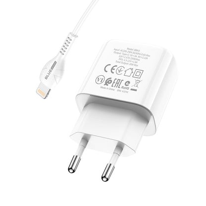 Carregador de rede BLUE Power BBN3 com cabo Lightning, 20W, 3A, 1 x USB-C, branco