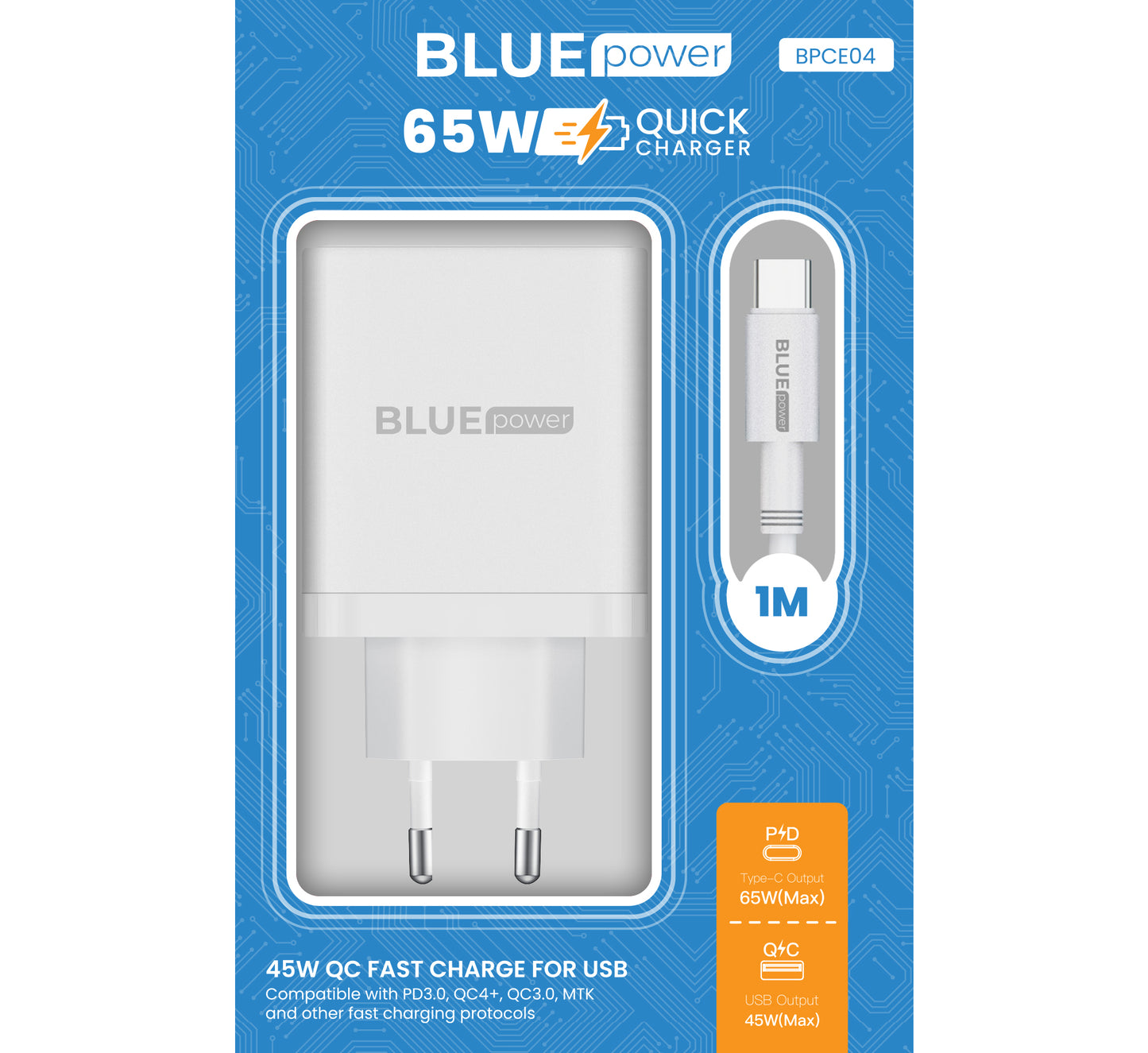 Carregador de rede com cabo USB-C BLUE Power BPCE04, 65 W, 3,25 A, 1 x USB-A - 2 x USB-C, branco