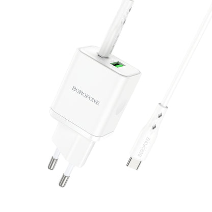 Carregador de rede com cabo USB-C Borofone BN7, 20W, 3A, 1 x USB-A - 1 x USB-C, branco 