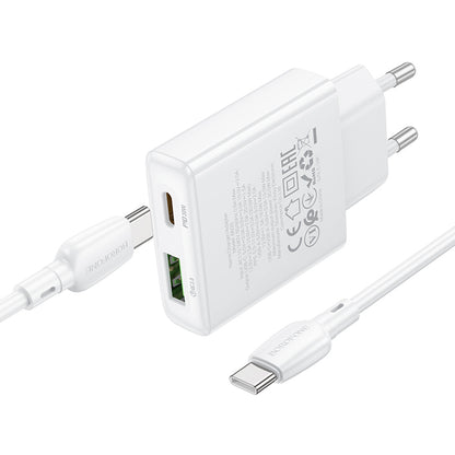 Carregador de rede com cabo USB-C Borofone BN25 Wish, 30W, 3A, 1 x USB-A - 1 x USB-C, branco 