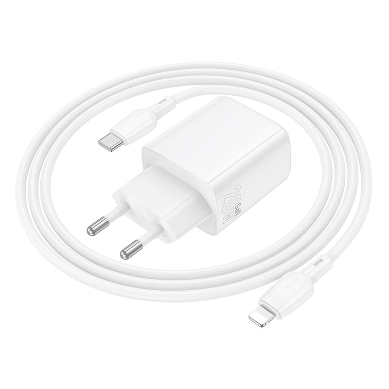 Carregador de Rede com Cabo Lightning Borofone BN27 Fuente, 20W, 3A, 1 x USB-A - 1 x USB-C, Branco