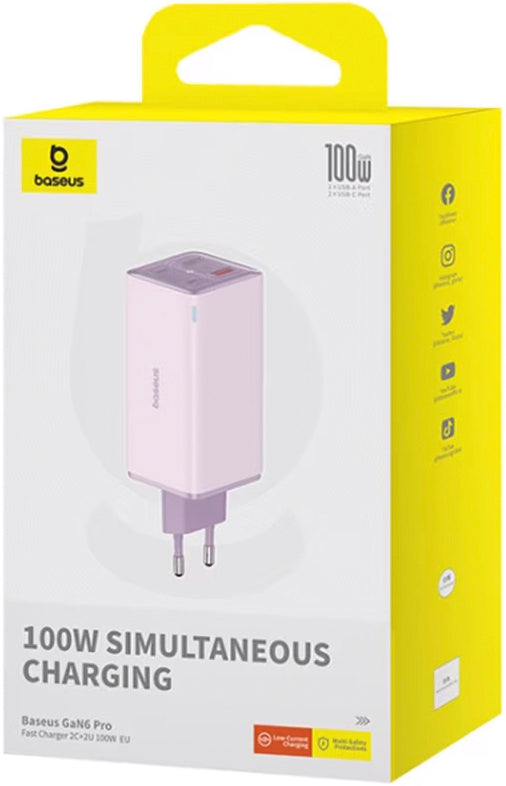 Carregador de Rede com Cabo USB-C Baseus GaN6 Pro, 100W, 3.25A, 2 x USB-A - 2 x USB-C, Roxo P10162705532-00