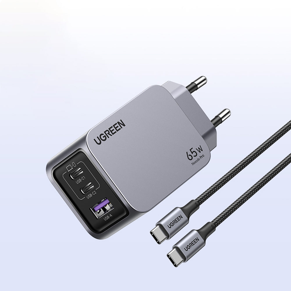 Carregador de Rede com Cabo USB-C UGREEN X755 Nexode Pro, 65W, 3A, 1 x USB-A - 2 x USB-C, Cinzento