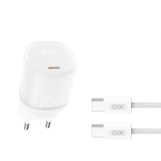 Carregador de Rede com Cabo USB-C XO Design L150, 30W, 3A, 1 x USB-C, Branco