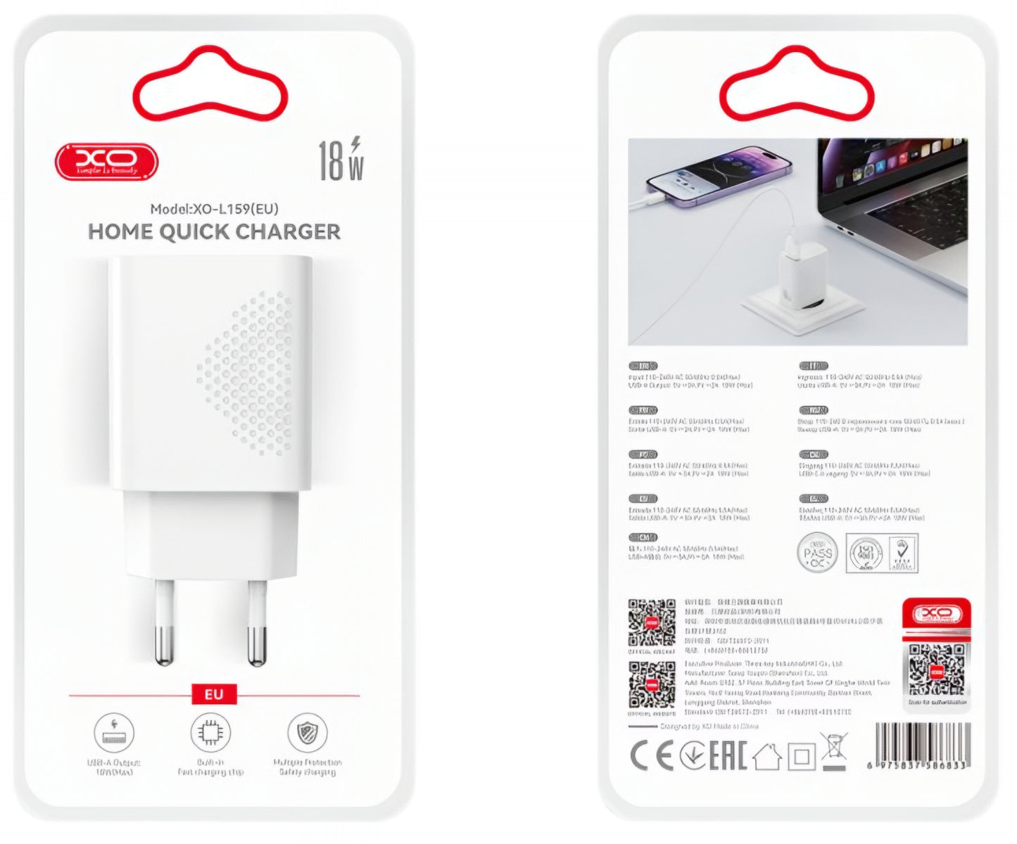 Carregador de Rede com Cabo microUSB XO Design L159, 18W, 3A, 1 x USB-A, Branco