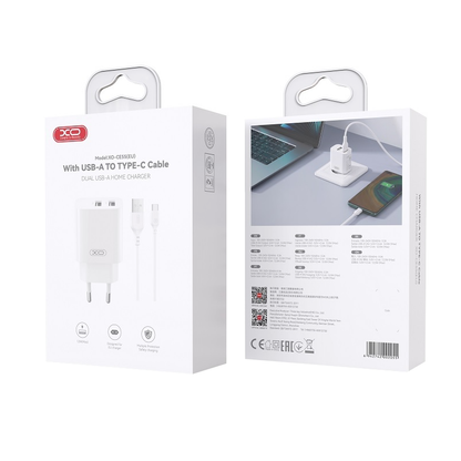 Carregador de Rede com Cabo USB-C XO Design CE55, 12 W, 2,4 A, 2 x USB-A, Branco