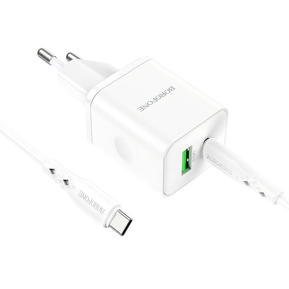 Carregador de rede com cabo USB-C Borofone BN7, 20W, 3A, 1 x USB-A - 1 x USB-C, branco 