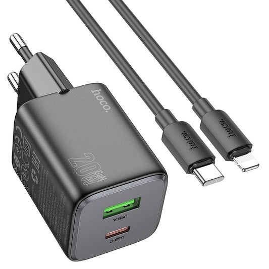 Carregador de Rede com Cabo Lightning HOCO N41, 20W, 3A, 1 x USB-A - 1 x USB-C, Preto