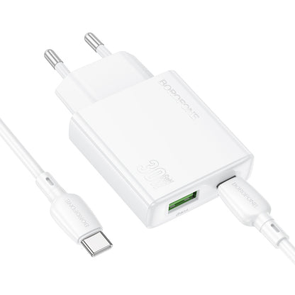 Carregador de rede com cabo USB-C Borofone BN25 Wish, 30W, 3A, 1 x USB-A - 1 x USB-C, branco 