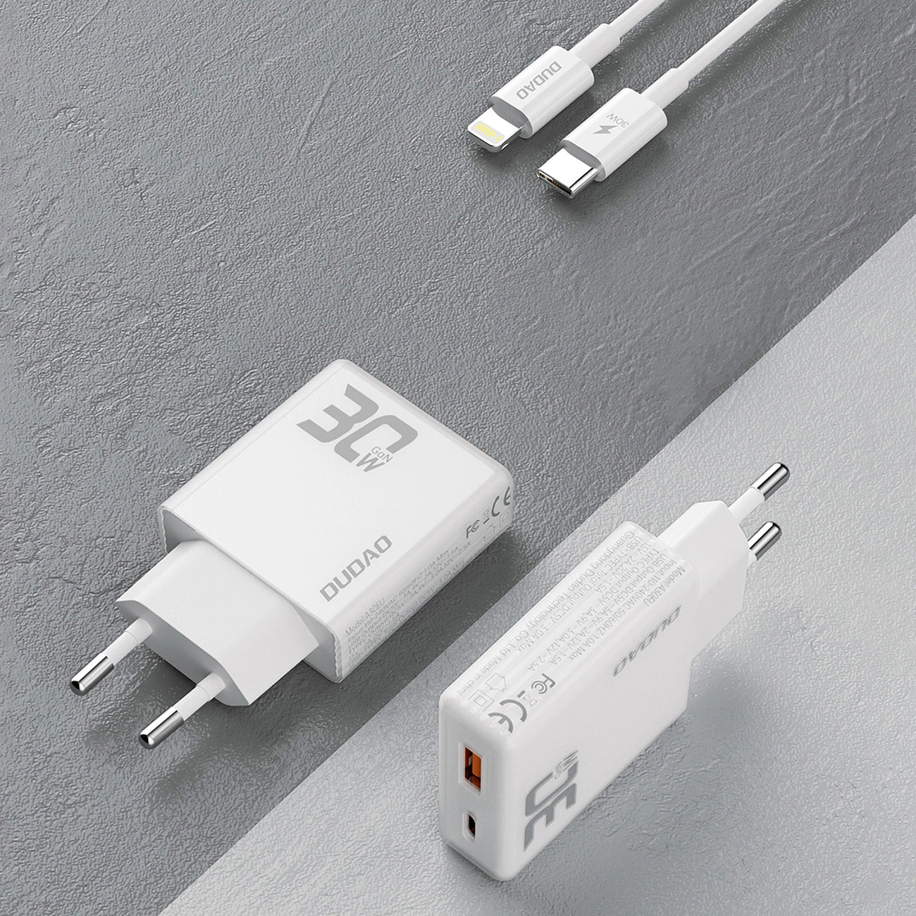 Carregador de rede Dudao A30EUL com cabo Lightning, 30W, 3A, 1 x USB-A - 1 x USB-C, branco 