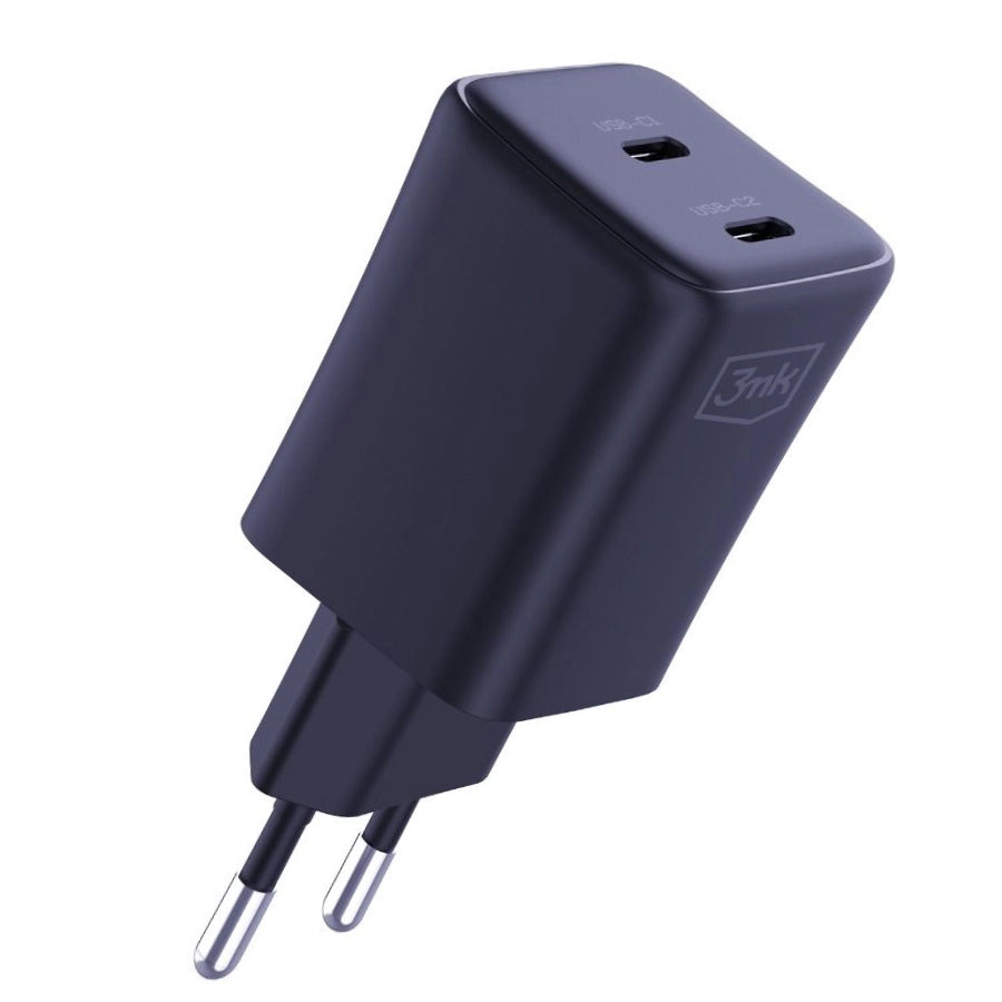 Carregador de rede 3MK HyperCharger com cabo USB-C, 45W, 3A, 2 x USB-C, preto 