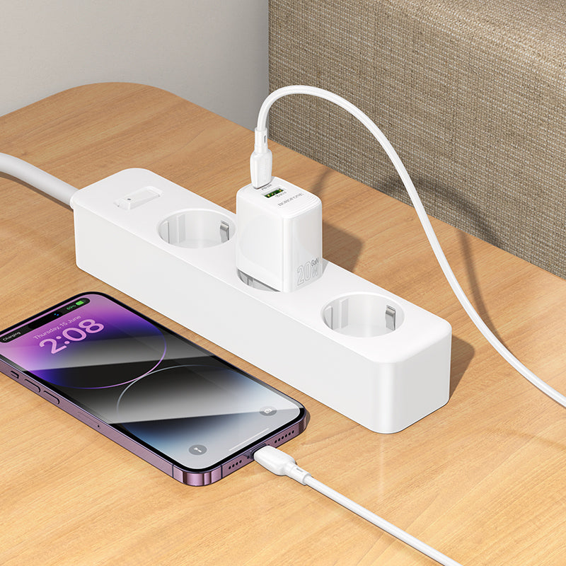 Carregador de Rede com Cabo Lightning Borofone BN27 Fuente, 20W, 3A, 1 x USB-A - 1 x USB-C, Branco