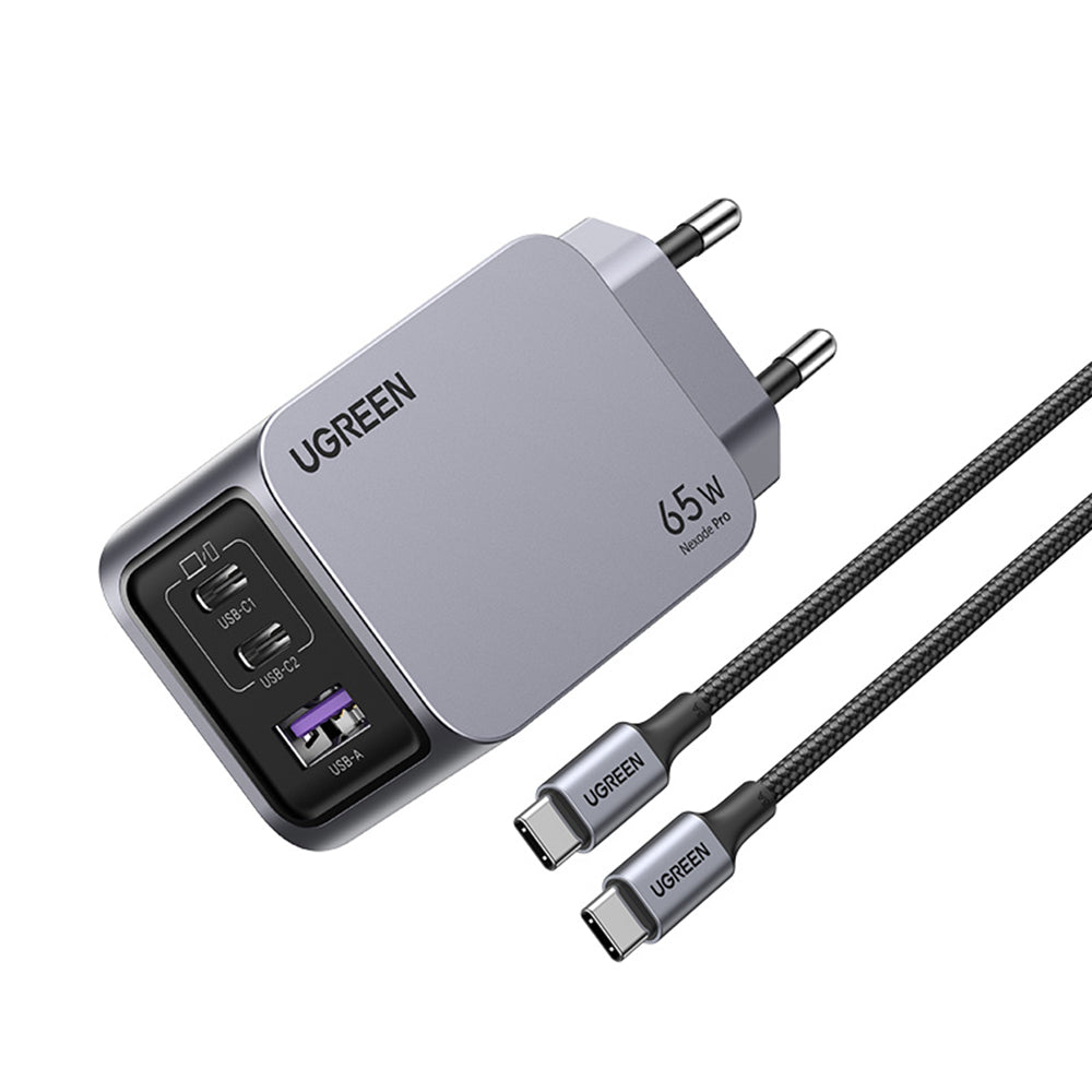 Carregador de Rede com Cabo USB-C UGREEN X755 Nexode Pro, 65W, 3A, 1 x USB-A - 2 x USB-C, Cinzento