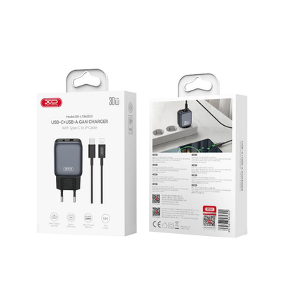 Carregador de Rede com Cabo Lightning XO Design L156, 30W, 3A, 1 x USB-A - 1 x USB-C, Preto