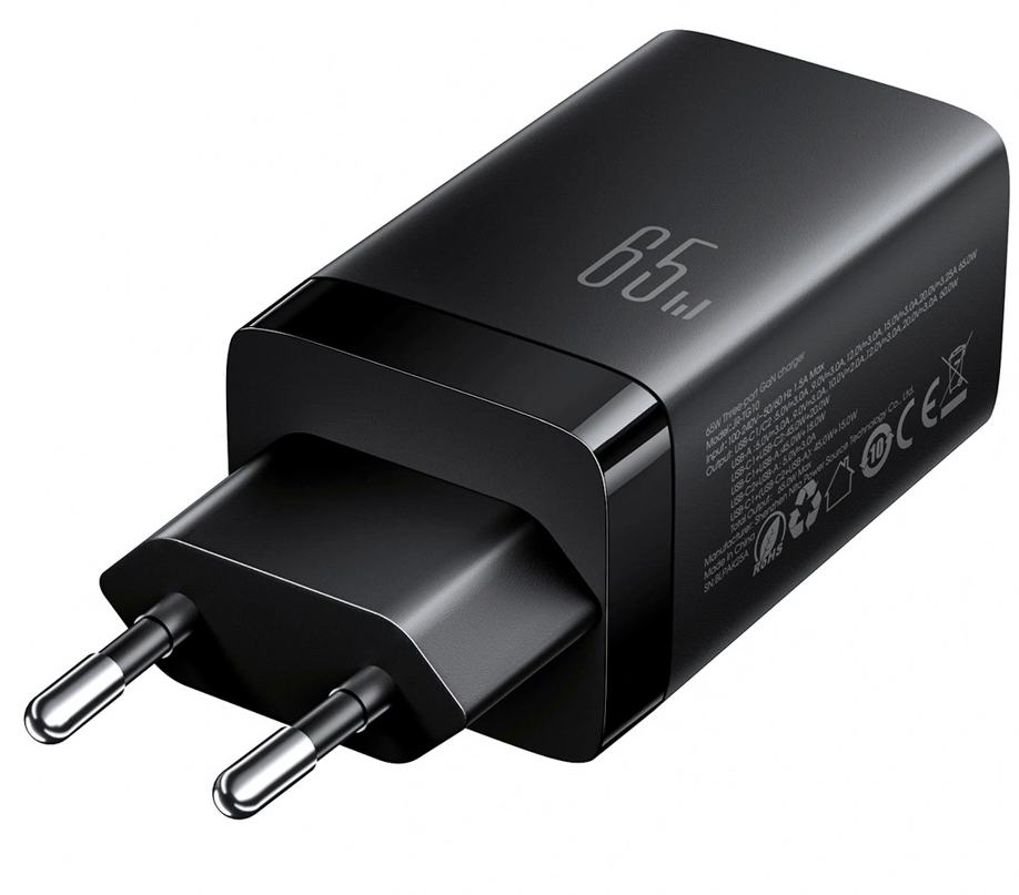 Carregador de Rede com Cabo USB-C Joyroom JR-TG10, 65W, 3.25A, 1 x USB-A - 2 x USB-C, Preto