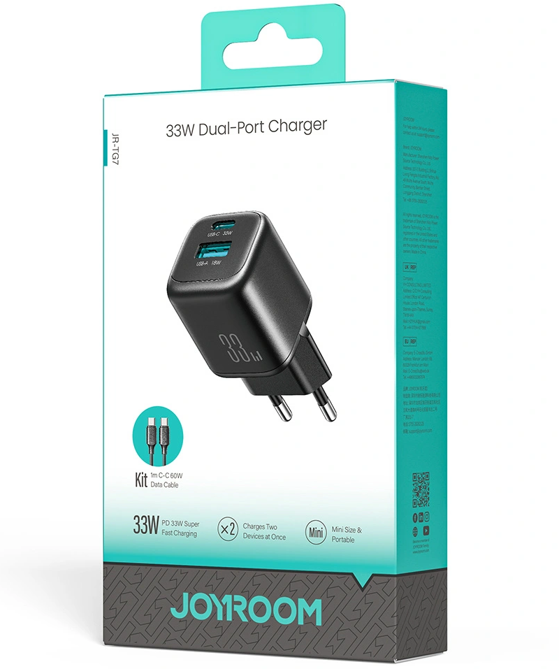 Carregador de Rede com Cabo USB-C Joyroom JR-TG7, 33W, 3A, 1 x USB-A - 1 x USB-C, Preto