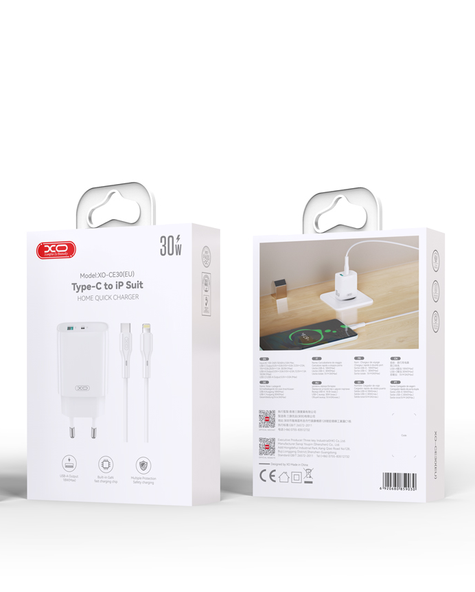 Carregador de Rede com Cabo Lightning XO Design CE30, 30W, 3A, 1 x USB-A - 1 x USB-C, Branco