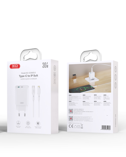 Carregador de Rede com Cabo Lightning XO Design CE30, 30W, 3A, 1 x USB-A - 1 x USB-C, Branco