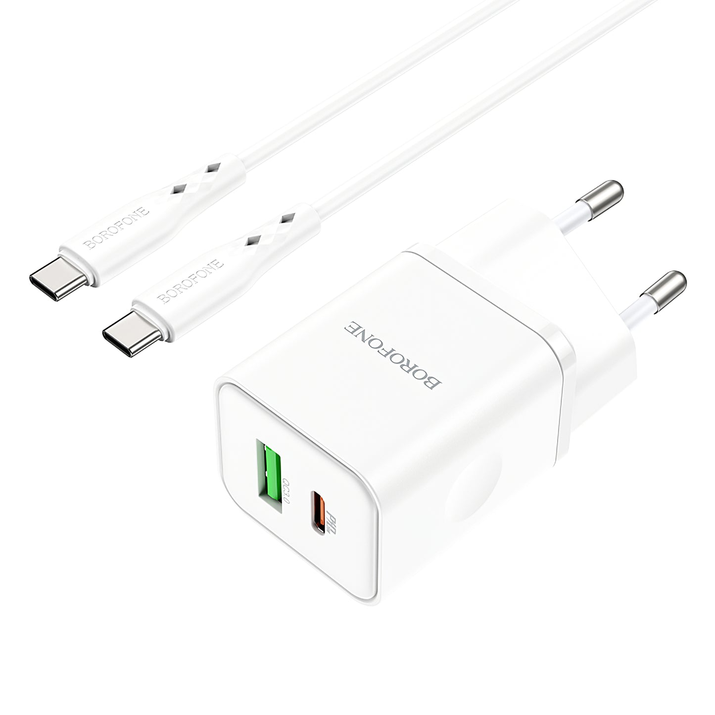 Carregador de rede com cabo USB-C Borofone BN7, 20W, 3A, 1 x USB-A - 1 x USB-C, branco 