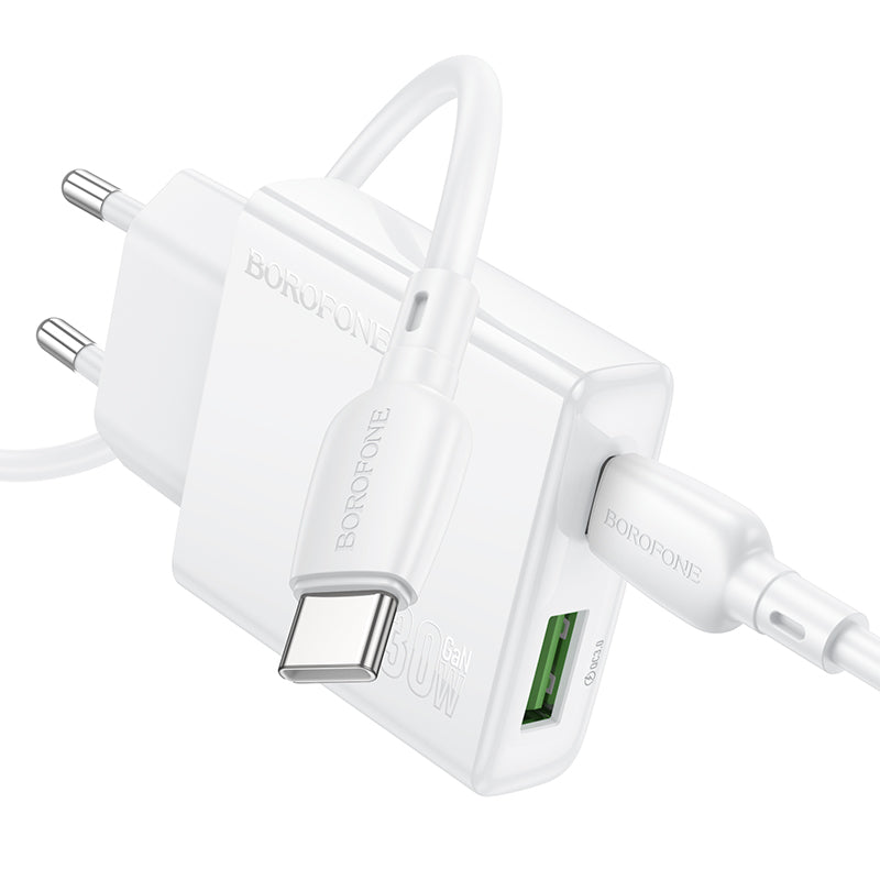 Carregador de rede com cabo USB-C Borofone BN25 Wish, 30W, 3A, 1 x USB-A - 1 x USB-C, branco 