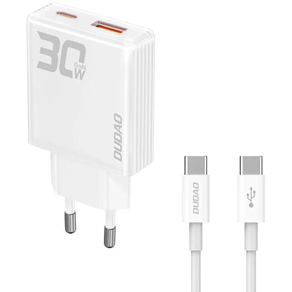 Carregador de rede com cabo USB-C Dudao A30EUT, 30W, 3A, 1 x USB-A - 1 x USB-C, branco 