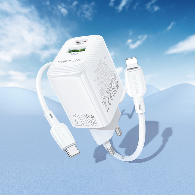 Carregador de Rede com Cabo Lightning Borofone BN27 Fuente, 20W, 3A, 1 x USB-A - 1 x USB-C, Branco