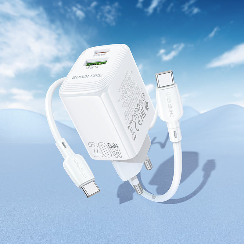 Carregador de Rede com Cabo USB-C Borofone BN27 Fuente, 20W, 3A, 1 x USB-A - 1 x USB-C, Branco