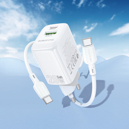 Carregador de Rede com Cabo USB-C Borofone BN27 Fuente, 20W, 3A, 1 x USB-A - 1 x USB-C, Branco