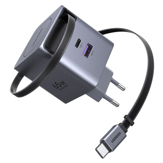 Carregador de Rede com Cabo USB-C UGREEN X615, 65W, 3A, 1 x USB-A - 1 x USB-C, Cinzento