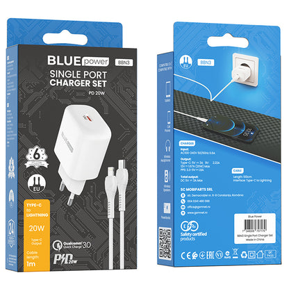 Carregador de rede BLUE Power BBN3 com cabo Lightning, 20W, 3A, 1 x USB-C, branco