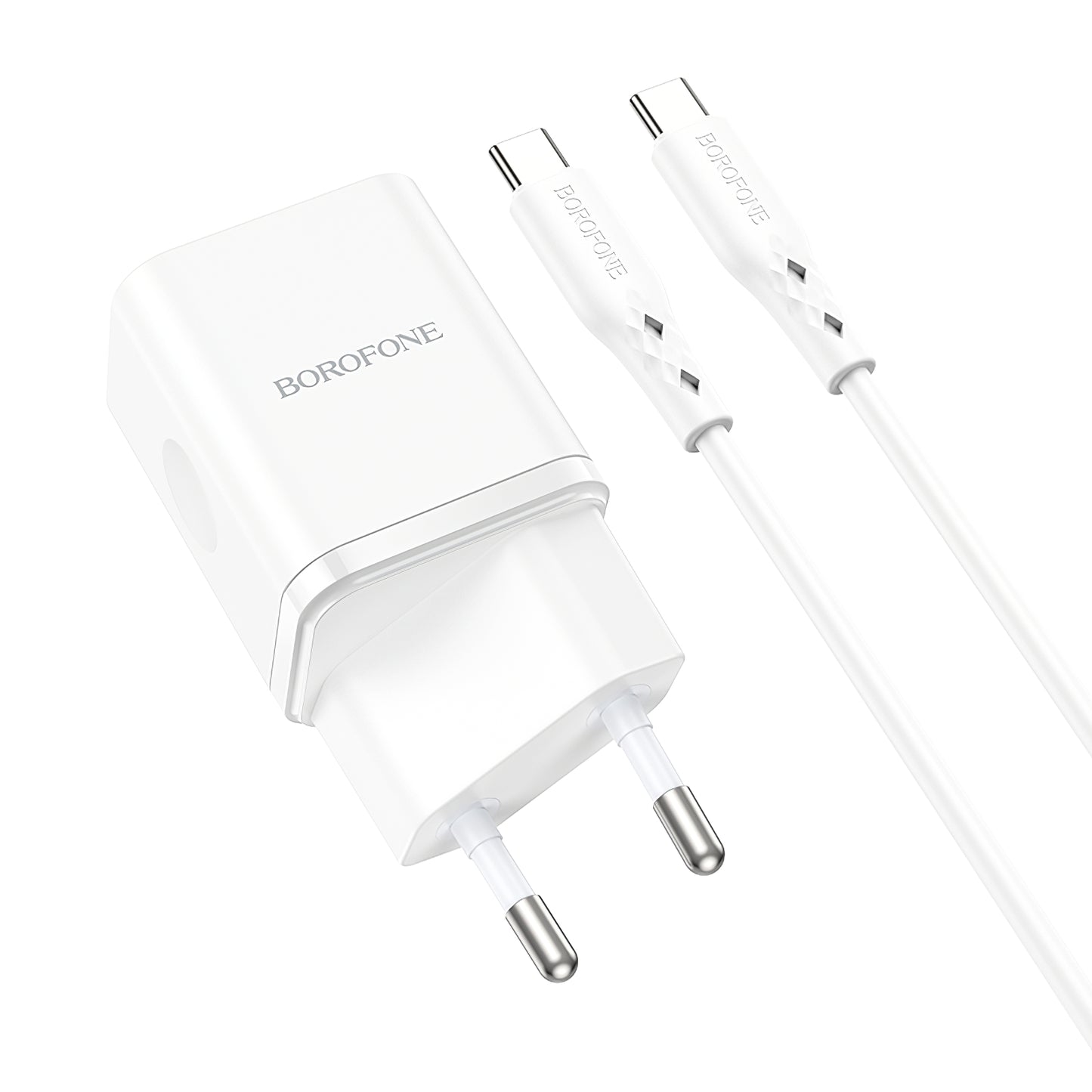 Carregador de rede com cabo USB-C Borofone BN7, 20W, 3A, 1 x USB-A - 1 x USB-C, branco 