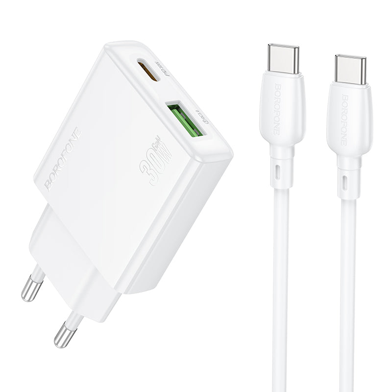 Carregador de rede com cabo USB-C Borofone BN25 Wish, 30W, 3A, 1 x USB-A - 1 x USB-C, branco 