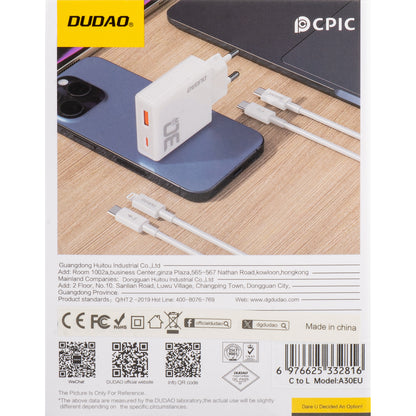 Carregador de rede Dudao A30EUL com cabo Lightning, 30W, 3A, 1 x USB-A - 1 x USB-C, branco 