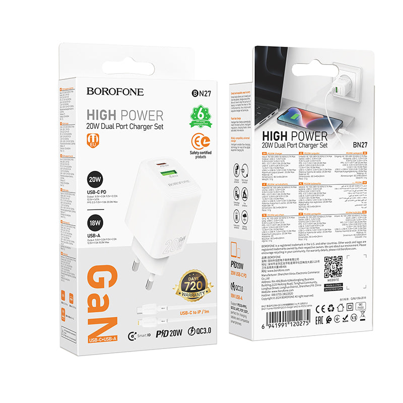 Carregador de Rede com Cabo Lightning Borofone BN27 Fuente, 20W, 3A, 1 x USB-A - 1 x USB-C, Branco