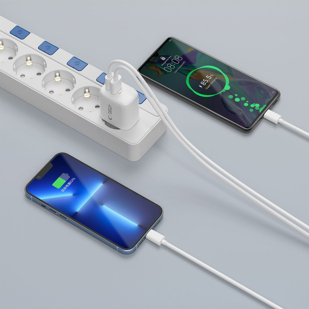 Carregador de Rede com Cabo USB-C Tech-Protect NCA20, 20W, 3A, 1 x USB-A - 1 x USB-C, Branco
