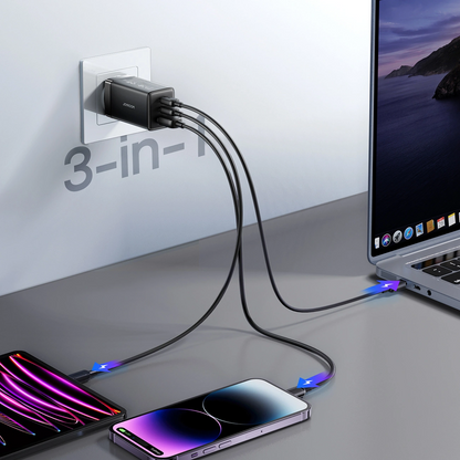 Carregador de Rede com Cabo USB-C Joyroom JR-TG10, 65W, 3.25A, 1 x USB-A - 2 x USB-C, Preto
